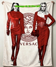 Versace Vibrant Red Medusa Logo Runway Fashion Illustration Print Flannel Throw Blanket Luxury Sofa Cover Blanket IMG_1672